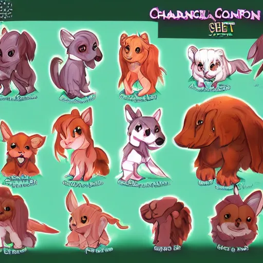 Prompt: character design sheet of cute fantasy world companion pet