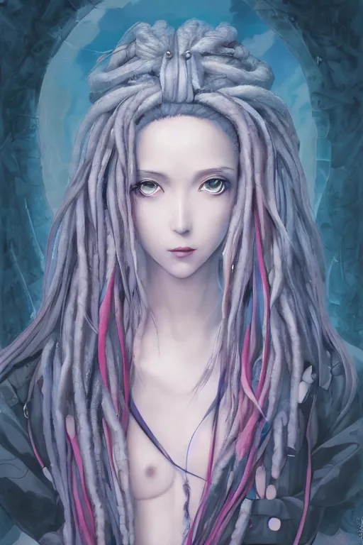 Image similar to portrait of an anime manga girl with white snake dreads, straight on portrait, by artgerm, james jean, tom bagshaw, gerald brom, vaporwave colors, lofi colors, vaporwave, lofi, goth vibe, 4 k, smooth, hd, substance designer render, full body character concept art, symmetrical,