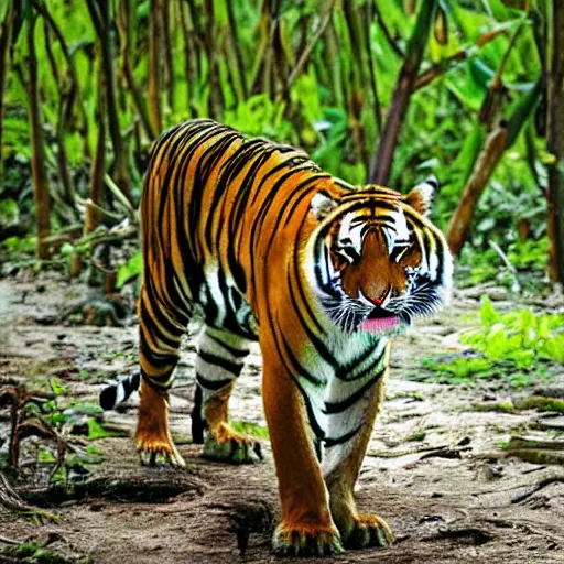 Prompt: wildflife photograph of a tiger walking in a mangrove forest