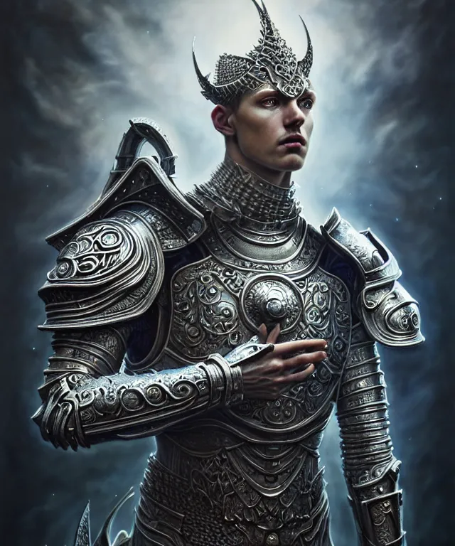 Image similar to hyperrealistic mixed media painting of a stoic male paladin, stunning 3d render inspired art by P. Craig Russell and Barry Windsor-Smith + perfect facial symmetry + dim volumetric lighting, ornate gothic silver platemail, dizzy, full body, 8k octane beautifully detailed render, post-processing, extremely hyperdetailed, intricate, epic composition, grim yet sparkling atmosphere, cinematic lighting + masterpiece, trending on artstation, very very detailed, masterpiece, stunning