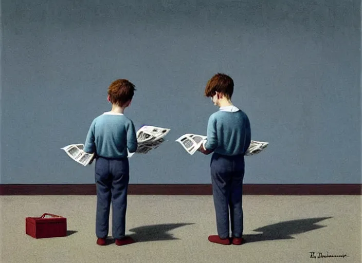 Image similar to a very boring day in school, kids wearing identical clothes reading newspapers, painting by quint buchholz and ray caesar, muted colors, gray, dull, boring, low energy, pale blue faces, very detailed