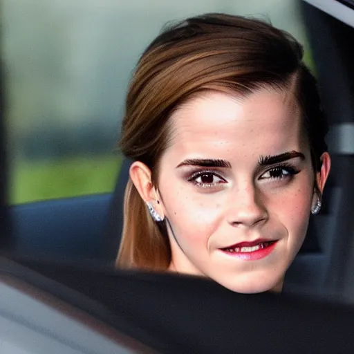 Image similar to emma watson unapologetically grinning from her car window, paparazzi photo, tabloid, perfect clear eyes, movie promo image, 4 k