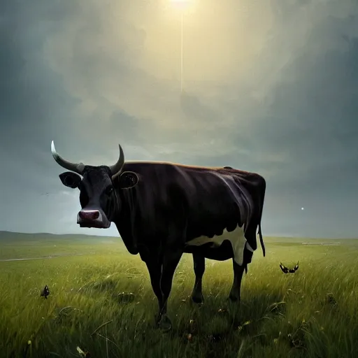 Prompt: a detailed matte landscape painting of a cow standing in a grassy field wearing a witch hat, cow wearing hat!!!! viewed in profile, fog and flying glowing moths in the background, ultrawide lens, aerial photography, black and blue color scheme with gold highlights, art by greg rutkowski and alphonse mucha, artstation, 8 k, octane render