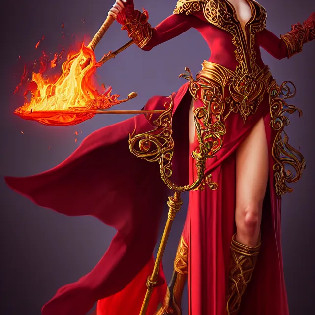 Image similar to beautiful elemental fire witch with ornate red robes and staff, highly detailed, 8 k, hdr, smooth, sharp focus, high resolution, award - winning photo, artgerm, photorealistic