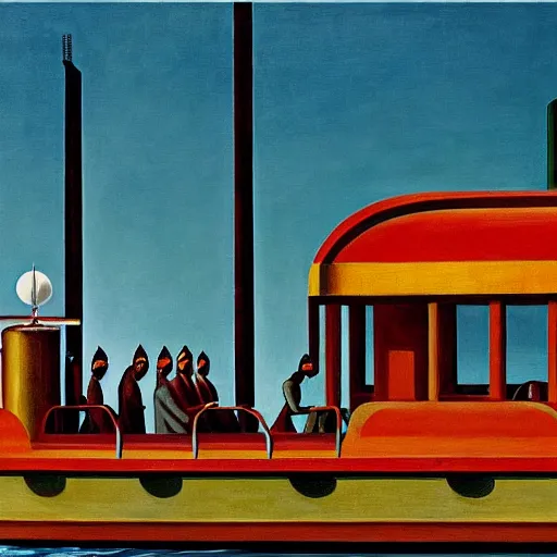 Image similar to robot bishop guards, human prisoners, art deco steamliner prison barge, end times, grant wood, pj crook, edward hopper, oil on canvas