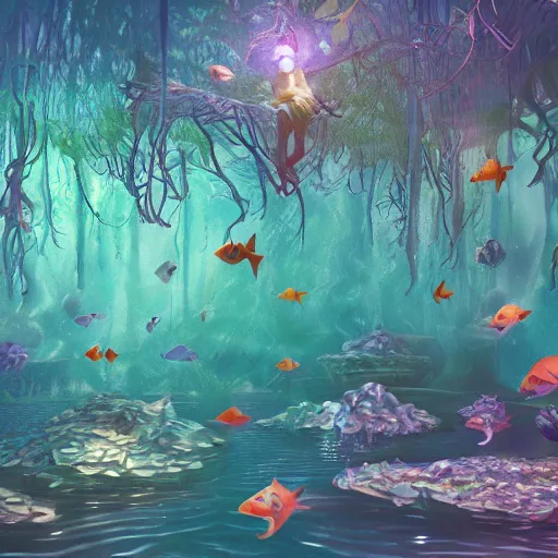 Prompt: school of fish swimming in the magical forest under the water , dreamy, magical effect, glowing effect, devianart, artstation, hyperreal, hyperdetailed, illustration