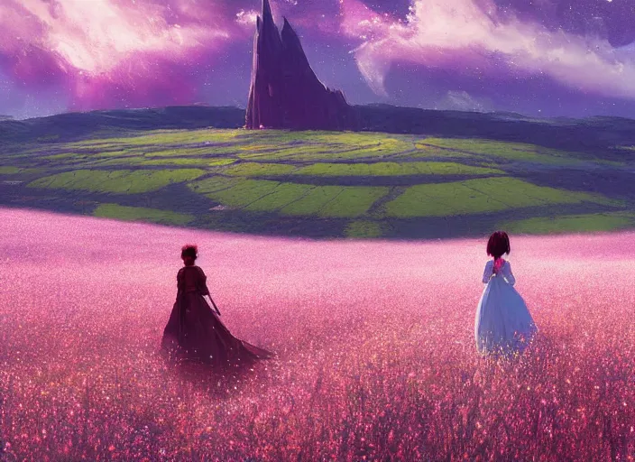 Prompt: a lone princess walks through a vast flower field in the cosmic sky by guweiz and peder mørk mønsted
