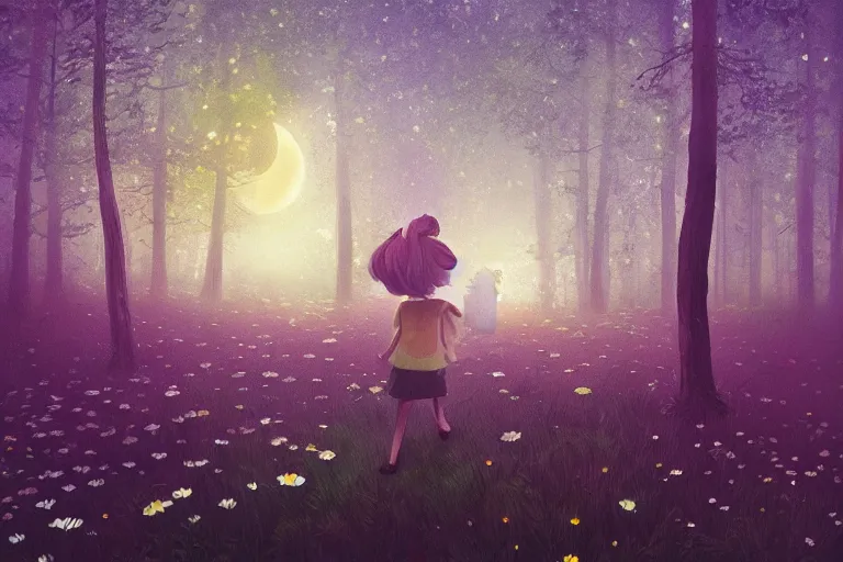 Image similar to giant daisy flower as face, girl walking in forest, surreal photography, dark night, stars, moon light, impressionist painting, clouds, digital painting, artstation, simon stalenhag