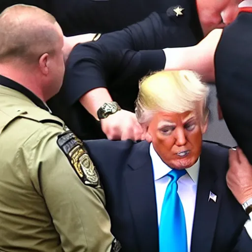 Prompt: Newscast still of Donald Trump being handcuffed and arrested at mar-a-lago