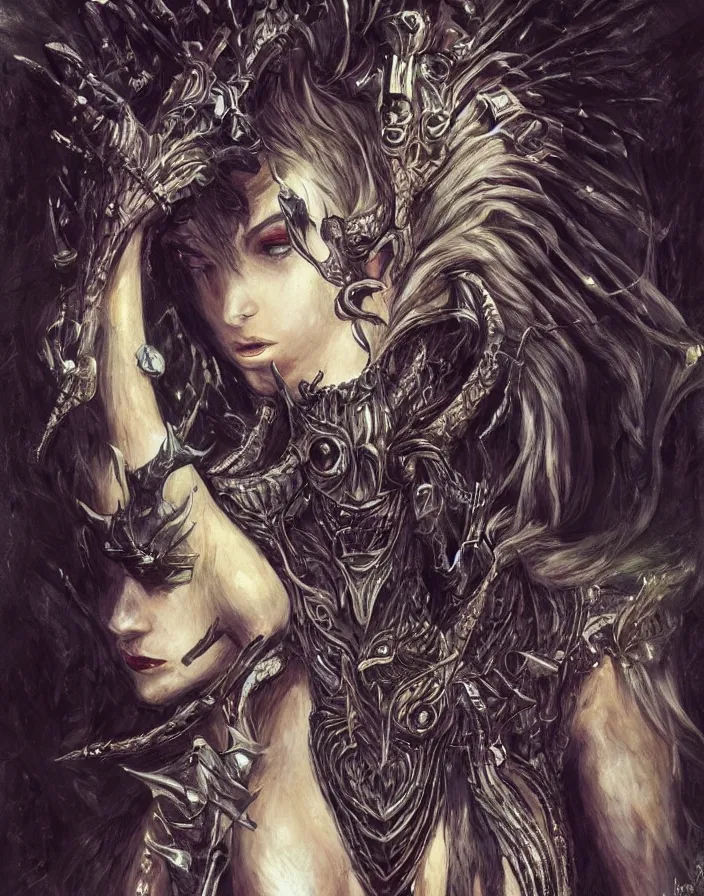 Image similar to an concept art of the dark chaos queen, attractive hair, intricate details, detailed face, detailed clothes, artstation, epic pose, epic background, ambient light, by max ernst and renoir