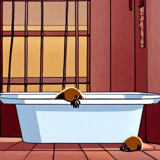 Image similar to the scene of a capybara chilling in a bathtub in the movie spirited away by studio ghibli