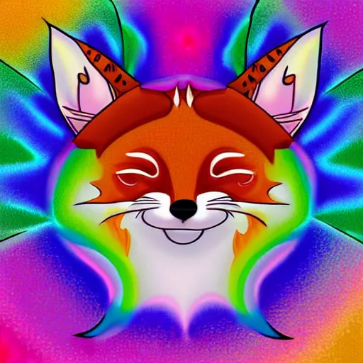 Image similar to digital art in the style of Lisa frank, depicting, anthropomorphic fox furry with their eyes closed, dreaming of pastel rainbows and happy thoughts, trending on FurAffinity