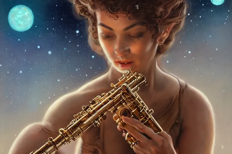 Prompt: a beautiful ultradetailed vintage photo of cyborg playing an oboe, by tom bagshaw and anna dittman, portrait, vignette, 2 4 mm lens, golden ratio composition, detailed face, studio photography, very detailed, cybernetic scifi, artstation, 8 k, highly coherent