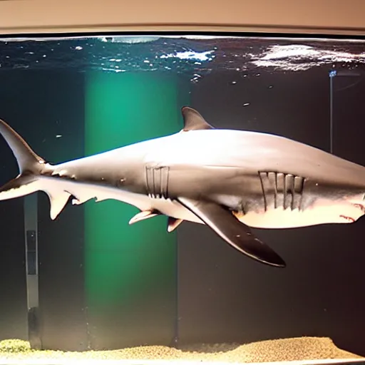 Prompt: huge shark in small aquarium