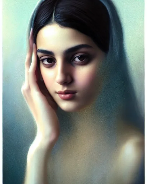 Image similar to a highly realistic, true to life portrait of a beautiful young middle eastern girl, soft focus, from the waist up, with sharp features, a beautiful face, soft smile, under studio lighting, taken with a canon eos camera with 1 3 5 mm focal length, art by karol bak, james jean, tom bagshaw, trending on artstation,