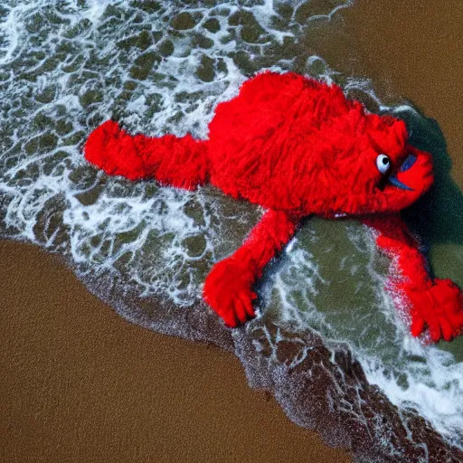 Image similar to cnn news footage of elmo being washed up on shore, view from above, tv