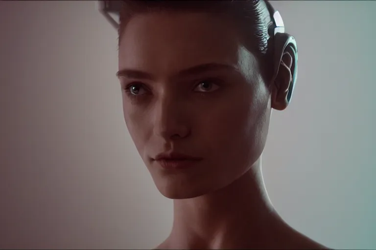 Prompt: VFX movie of a futuristic robot closeup portrait in living room, beautiful natural skin neon lighting by Emmanuel Lubezki