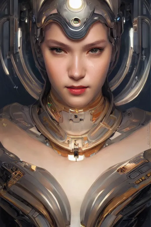 Image similar to Portrait of beautiful smiling Ultra realistic illustration, beautiful alluring female cyborg, cyberpunk, sci-fi, fantasy, intricate, elegant, highly detailed, digital painting, artstation, concept art, smooth, sharp focus, illustration, art by Yintion J , Jiang Geping and artgerm and greg rutkowski and alphonse mucha.