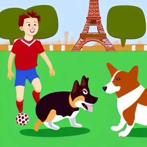 Image similar to illustration of french boy in paris playing football against a corgi, the dog is wearing a polka dot scarf