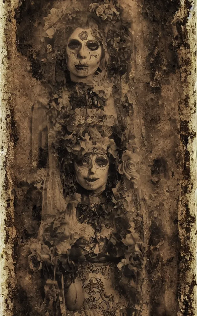 Image similar to tintype full body view, virgin mary in dia de muertos dress and make up, horrific beautiful vibe, evocative, atmospheric lighting, painted, intricate, highly detailed,