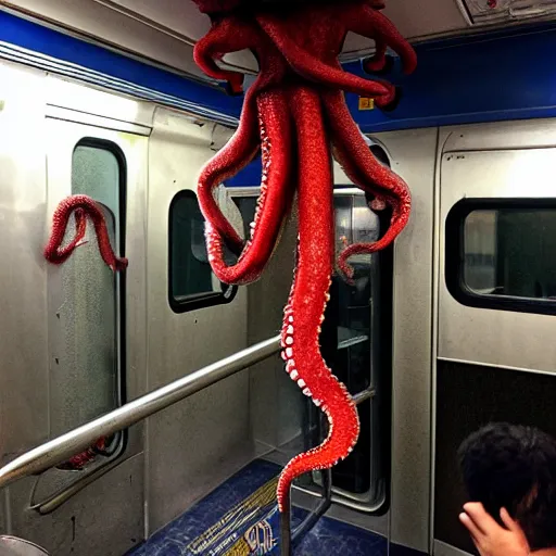 Image similar to of a giant octopus invading a interior of a subway train in new york,