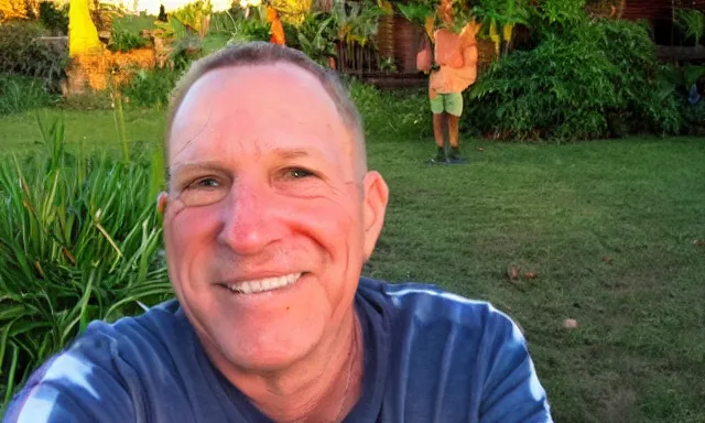 Prompt: My dad Steven just took a hit from the bongo and have good time being gracefully relaxed in the garden, sunset lighting