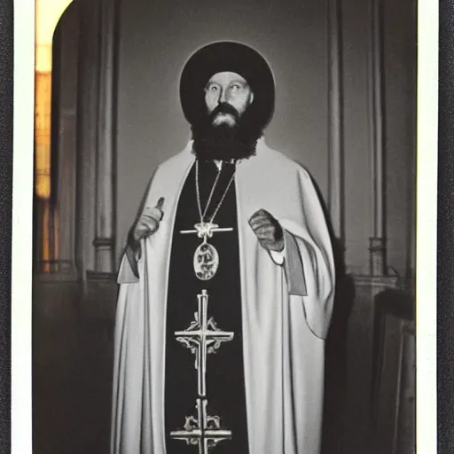 Prompt: cardinal - bishops that looks like breton monk rasputin in apostolic palace in vatican, polaroid