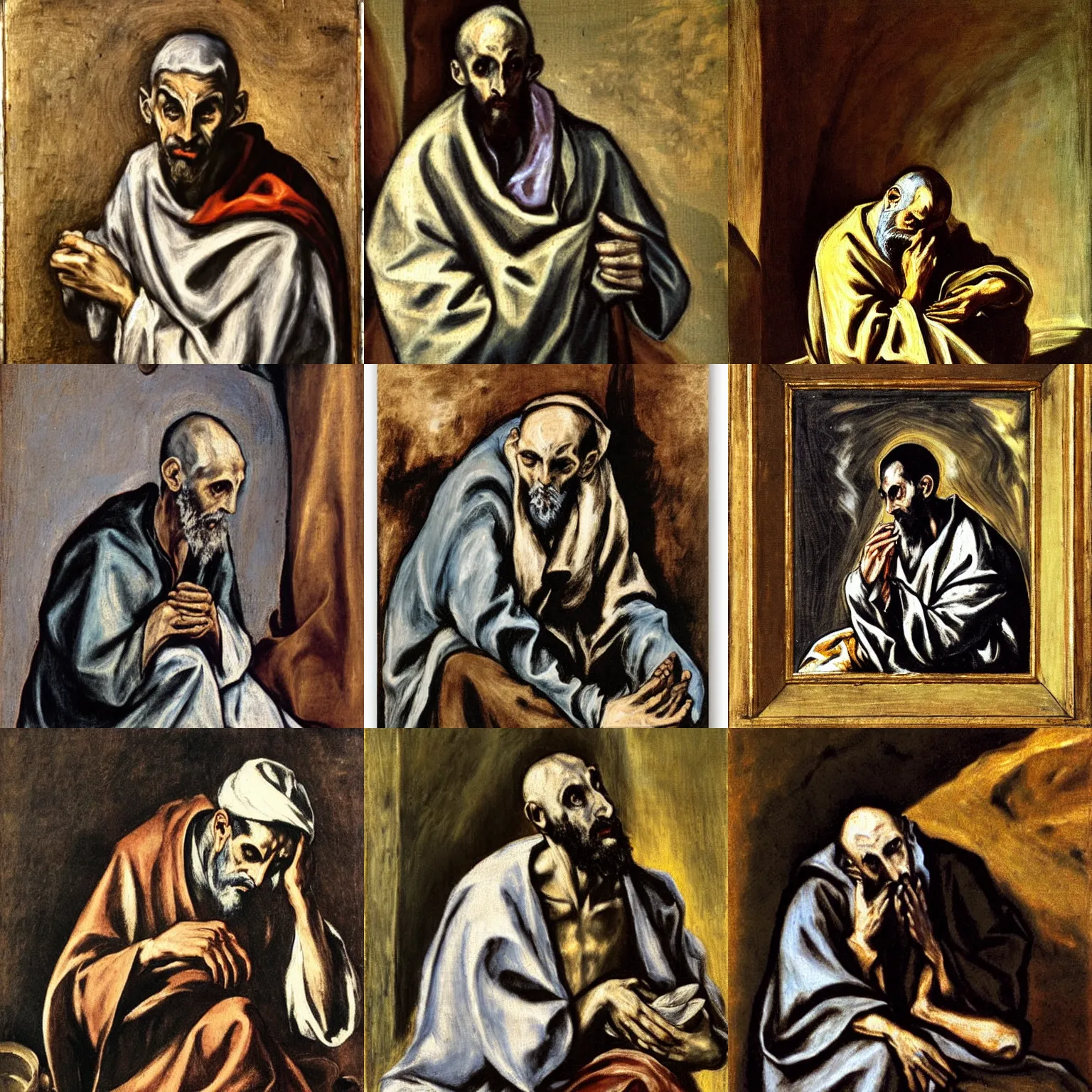 Prompt: El Greco painting of a beggar monk praying