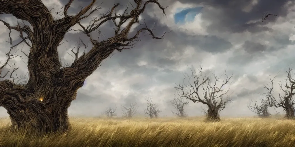Prompt: plains windswept windswept windswept trees with no grass, high quality fantasy art, 4k