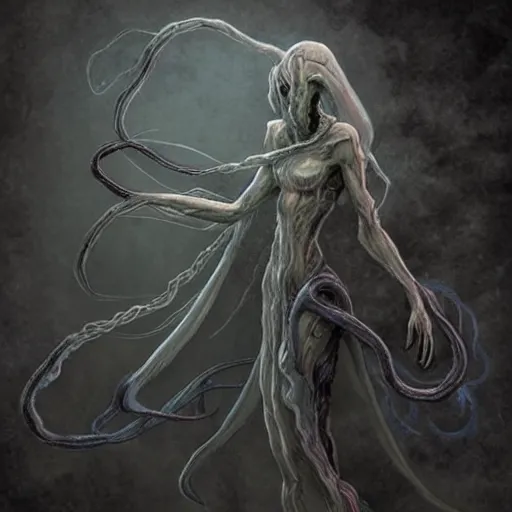 Image similar to concept designs for an ethereal wraith like figure with a squid like parasite latched onto its head and long tentacle arms that flow lazily but gracefully at its sides like a cloak while it floats around a forgotten kingdom in the snow searching for lost souls and that hides amongst the shadows in the trees, this character has hydrokinesis and electrokinesis for the resident evil village video game franchise with inspiration from the franchise Bloodborne and the mind flayer from stranger things on netflix