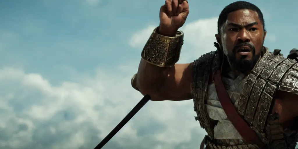 Image similar to a film still of a black man starring in a japanese blockbuster film as ancient samurai, intense, shallow depth of field, cinematic, award winning cgi, vfx, film still