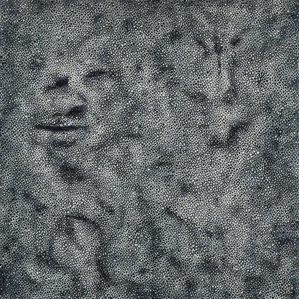 Image similar to camo made of out teeth, smiling, abstract, maya bloch artwork, do hoang tuong artwork, cryptic, dots, stipple, lines, splotch, concrete, color tearing, pitch bending, faceless people, tribal, dark, ominous, eerie, minimal, points, technical, painting