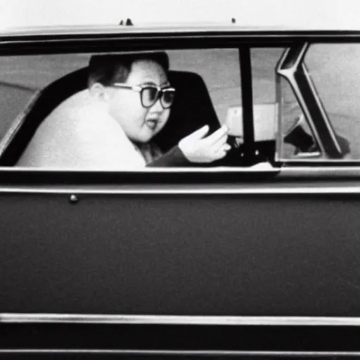 Image similar to 1960s press archive of the actress Kim Jong-il coming out of a car, faces obscured, Reuters, 35mm film, film grain, mysterious exterior, underexposed