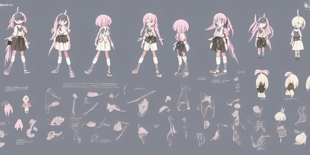 Image similar to a magical adventurer little girl character anime model sheet; in the magical studio ghibli anime; character outfit concepts; trending on artstation, highly detailed, clean lineart