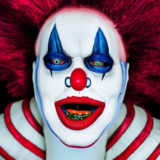Image similar to uhd candid photo of a robot clown wearing bizarre clown makeup, with accurate face, intricate clown costume, uhd, studio lighting, correct face, photo by annie leibovitz