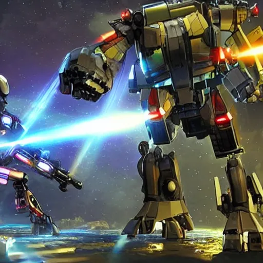 Prompt: Two giant mechs battling each other with laser eyes and machine guns