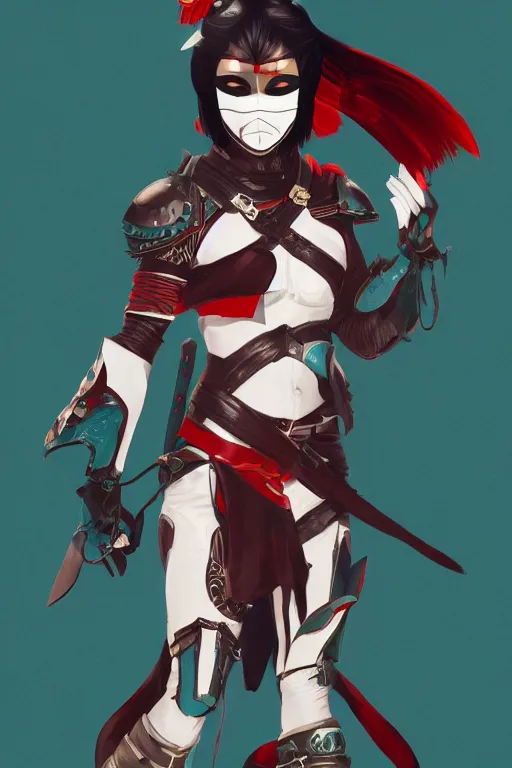 Image similar to female adventurer in tight full - body teal leather armor of japanese design with red accents and a white porcelain crow mask, trending in artstation, japanese, artstation, big moon in the background, establishing shot