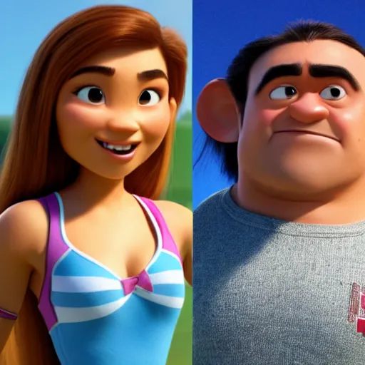 Image similar to young beautiful athletic Filipino woman with long hair and a handsome caucasian athletic man with buzzed hair, high widows peak, 5 o'clock shadow, both depicted as Pixar characters, high quality cg render