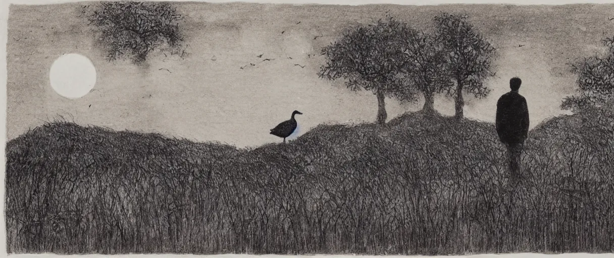 Image similar to revealed, underlined in a sudden gust of wind the profile of a man raises under the moon uncovered and tiny, overlooking the fen water meadowlands and small shot for the ducks he walks in the mud, moves aside the reeds no clapping of wings, no motions around just the singing wind in an ominous silence