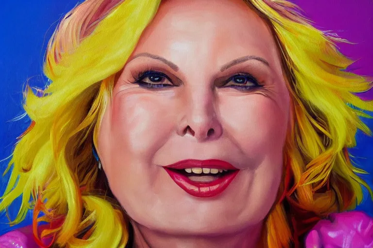 Image similar to A bright, happy painting of a Jennifer Saunders, beautiful, hyperrealistic, high-quality, professional, dramatic lighting, extremely high detail, trending on artstation