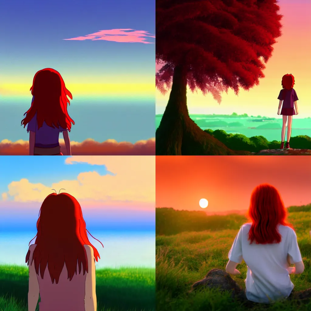 Prompt: a red haired girl watching sunrise, studio ghibli style, 8k