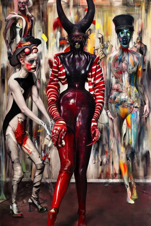 Prompt: crazy fashion catwalk, latex, constructivism, freak show, one model, crazy clothes, biopunk style, horror, hauntingly surreal, highly detailed painting by francis bacon, edward hopper, adrian ghenie, gerhard richter, and james jean 4 k