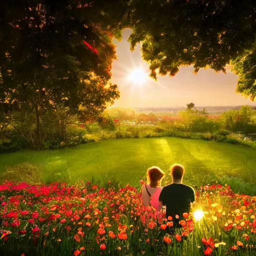 Prompt: two lovers sit in a garden, surrounded by a field of flowers. the sun sets in the distance, casting a warm glow over the scene.