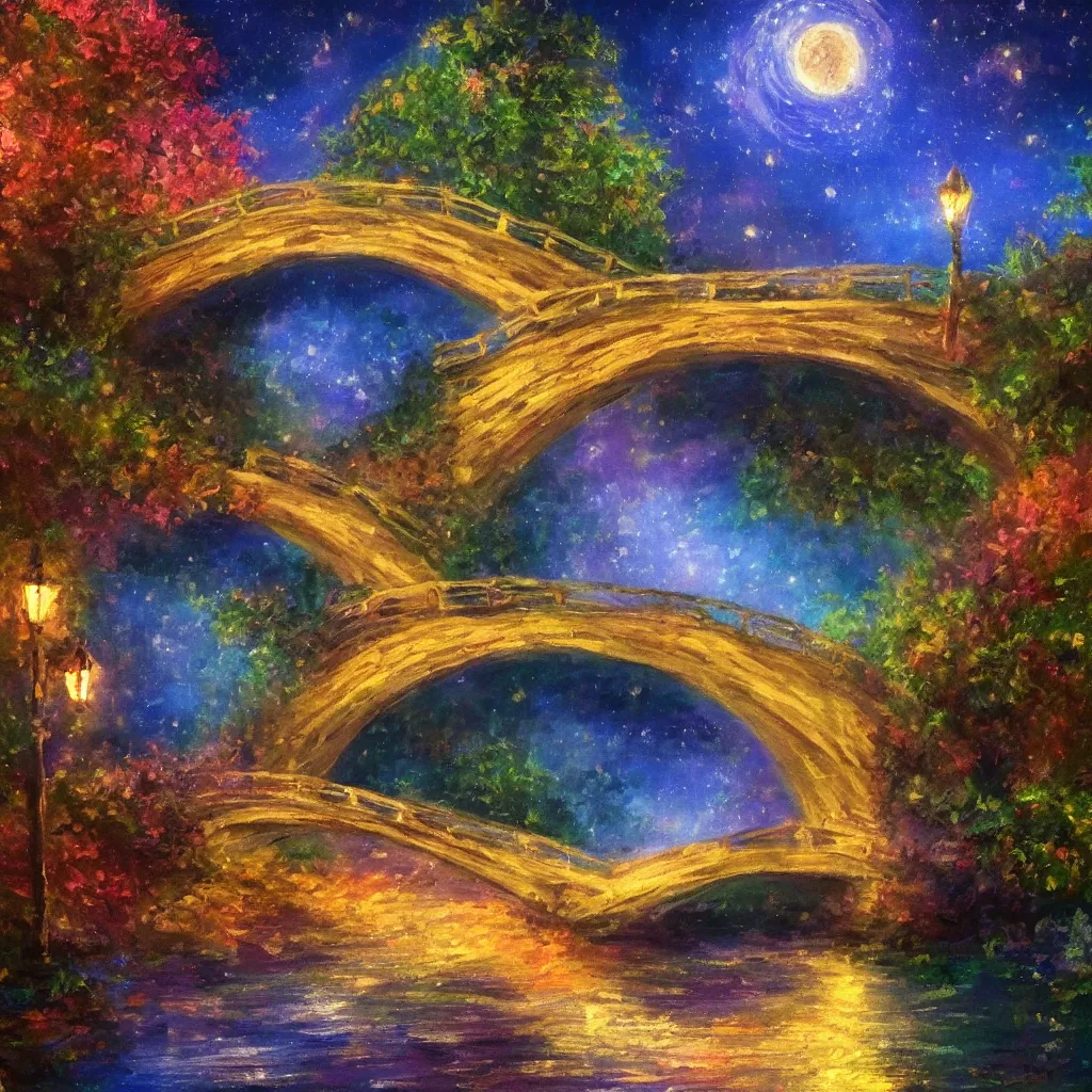 Image similar to fairyland bridge, outside of time and space, dreamy, romantic, night lighting, expressive impressionist style, highly detailed, 8 k