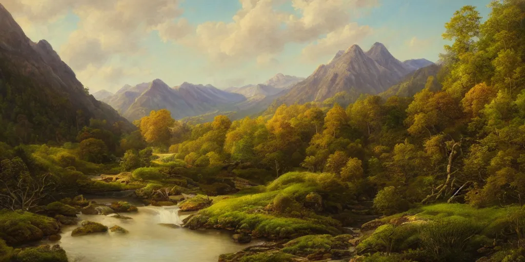 Prompt: a beautiful landscape painting of a mountainous valley with patches of woodland, by antony bridge, oil on canvas, highly detailed, hd, 4 k