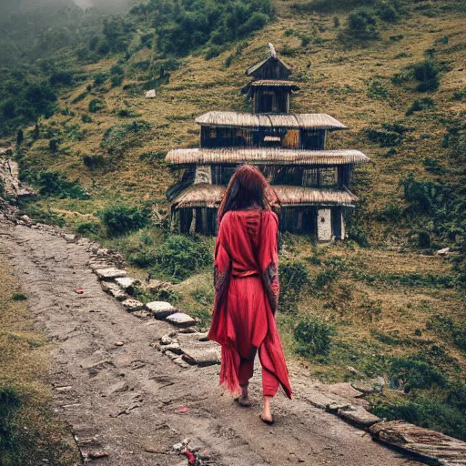 Image similar to define the character of a beautiful girl, messy long red hair, messy wet grey tribal clothes, short torn up pants, she is walking on a mountain and we see down in a deep valley a very poor old shanti town with wooden ruins, medieval time, heavy rain, late at night, mist, cinematic, 8 k,