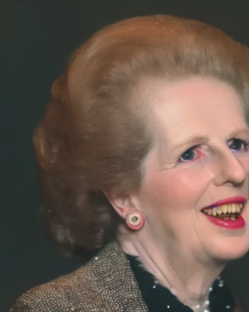 Image similar to margaret thatcher drenched in torrential rainstorm, full body, atmospheric moody hyper realistic award winning color cinematic still 8 k