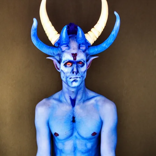 Image similar to blue djinn, horror, male, horns, 3rd eye