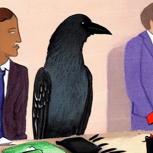 Prompt: crow is upset that he came to this business meeting in a suit, but there were not even free donuts.