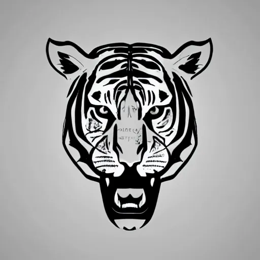 Prompt: round triangular logo with simple palette knife drawing in monochrome ink of a fearless african tiger head with angry ears, very aggressive mouth, lethal eyes